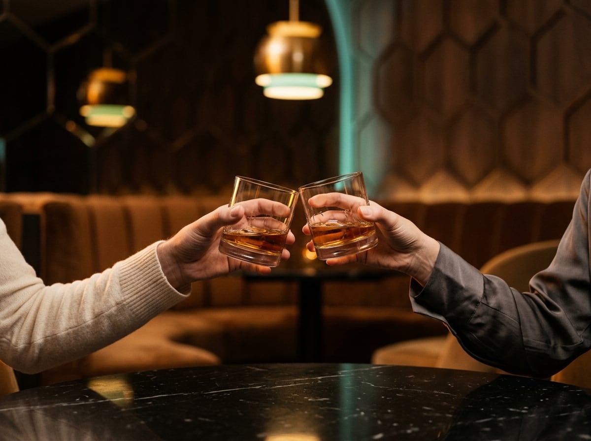 Two people clinking whisky glasses across a marble table, warm casual atmosphere