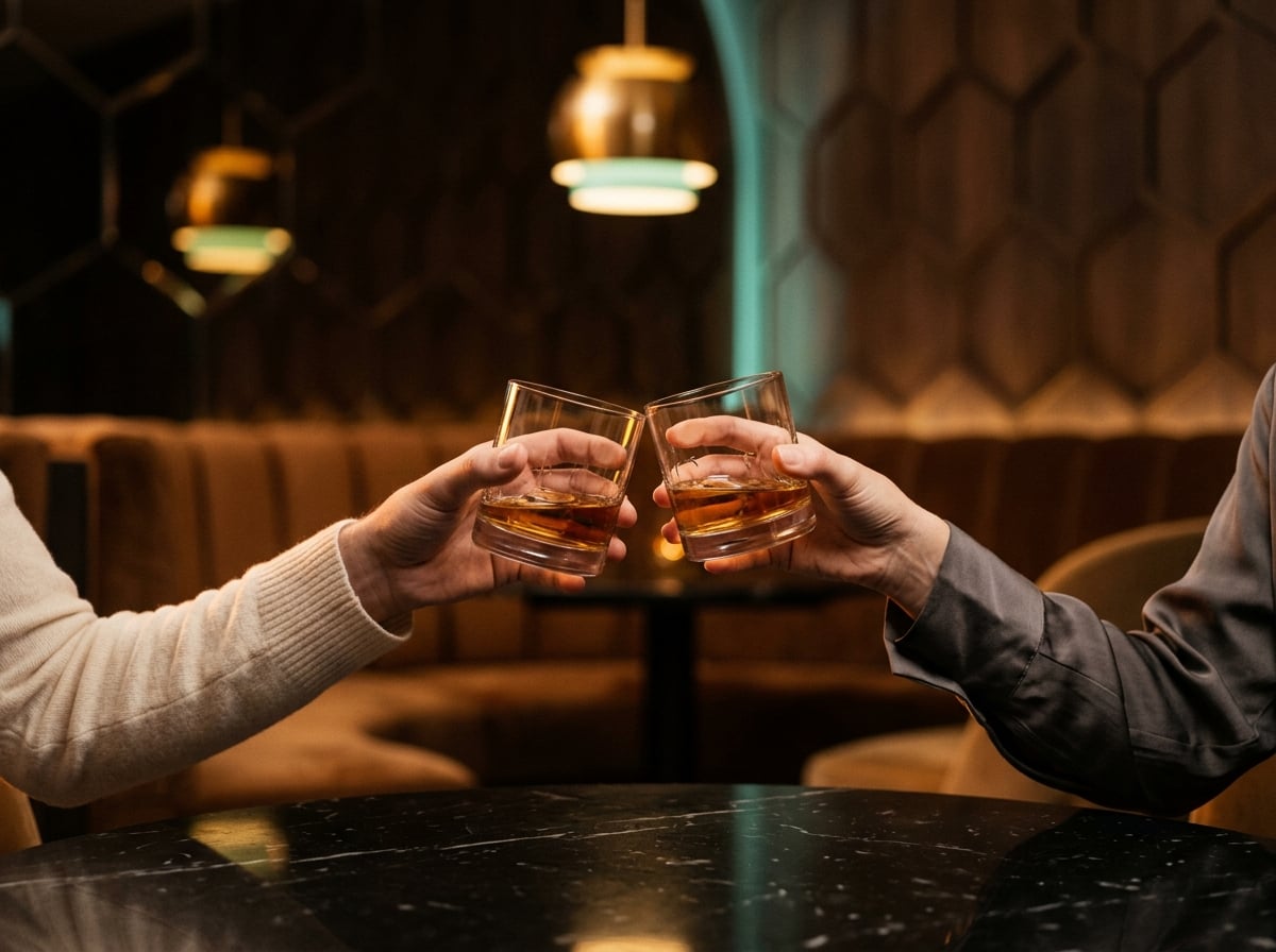 Two people clinking whisky glasses across a marble table, warm casual atmosphere