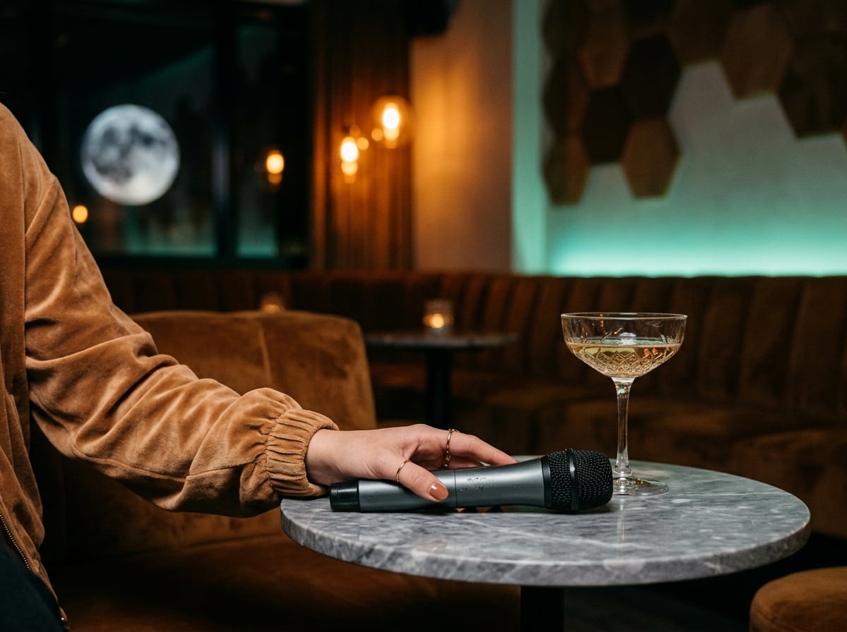 A wireless karaoke microphone resting on a marble table next to a champagne coupe