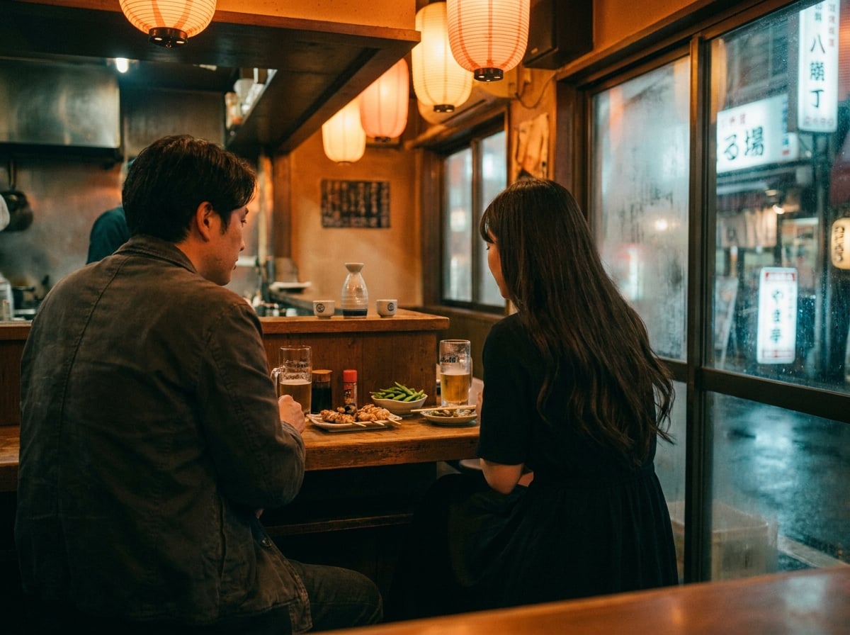 Guest and cast continuing the evening at a nearby izakaya counter, yakitori and sake on the bar
