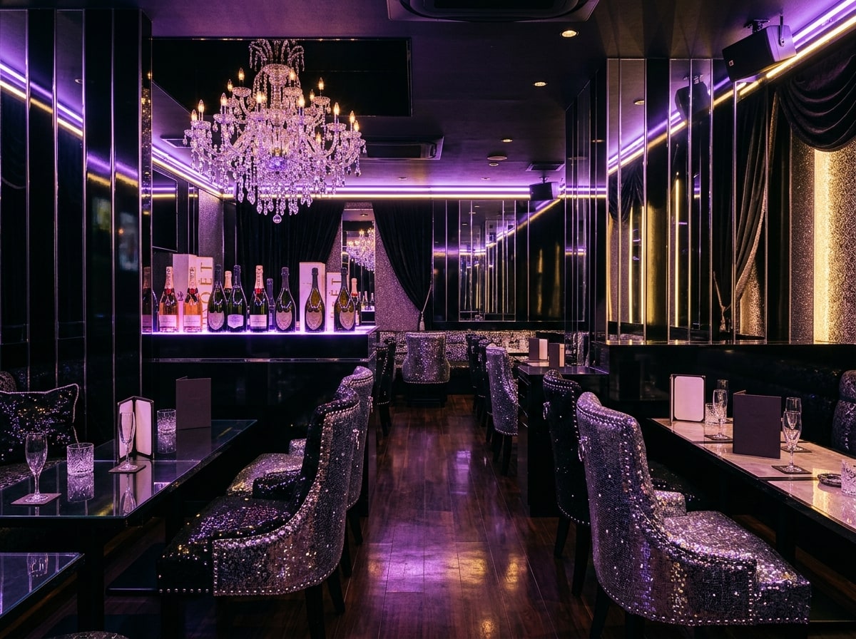 Traditional kyabakura interior — glittery sequined chairs, neon, mirrors, chandelier
