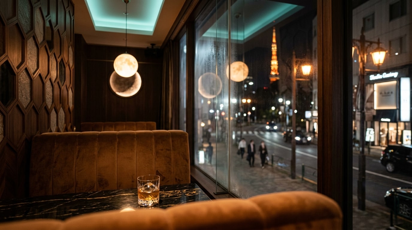 Inside LUNE looking out onto Roppongi at night — moon pendant, caramel booth, Tokyo Tower visible through the window