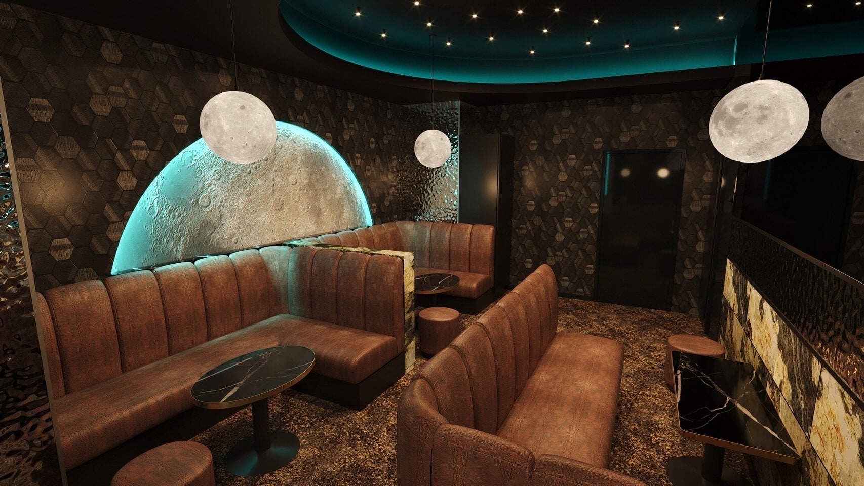 Main lounge — moon motif, hexagonal walls, caramel velvet booths under teal accent ceiling