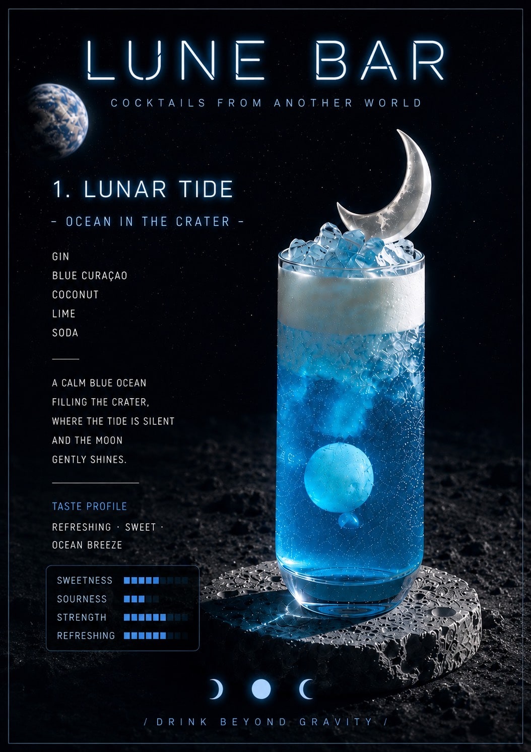 Lunar Tide cocktail — gin and blue curaçao with crushed ice and a crescent moon garnish