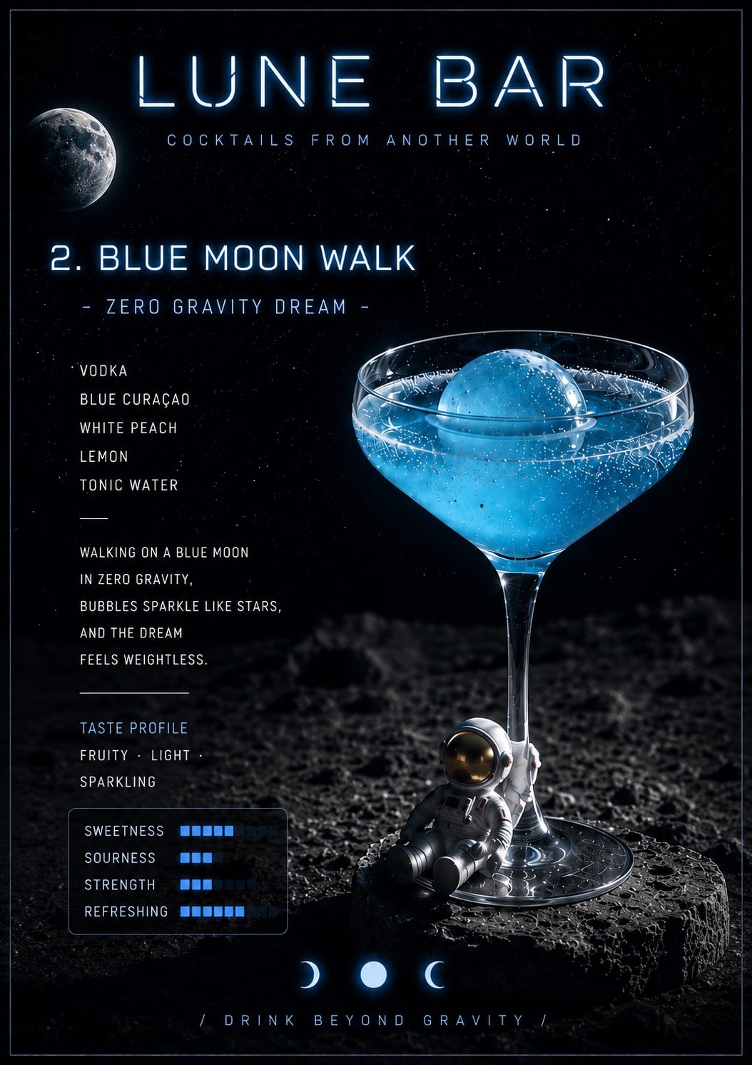 Blue Moon Walk cocktail — vodka and blue curaçao in a coupe with a moon orb garnish