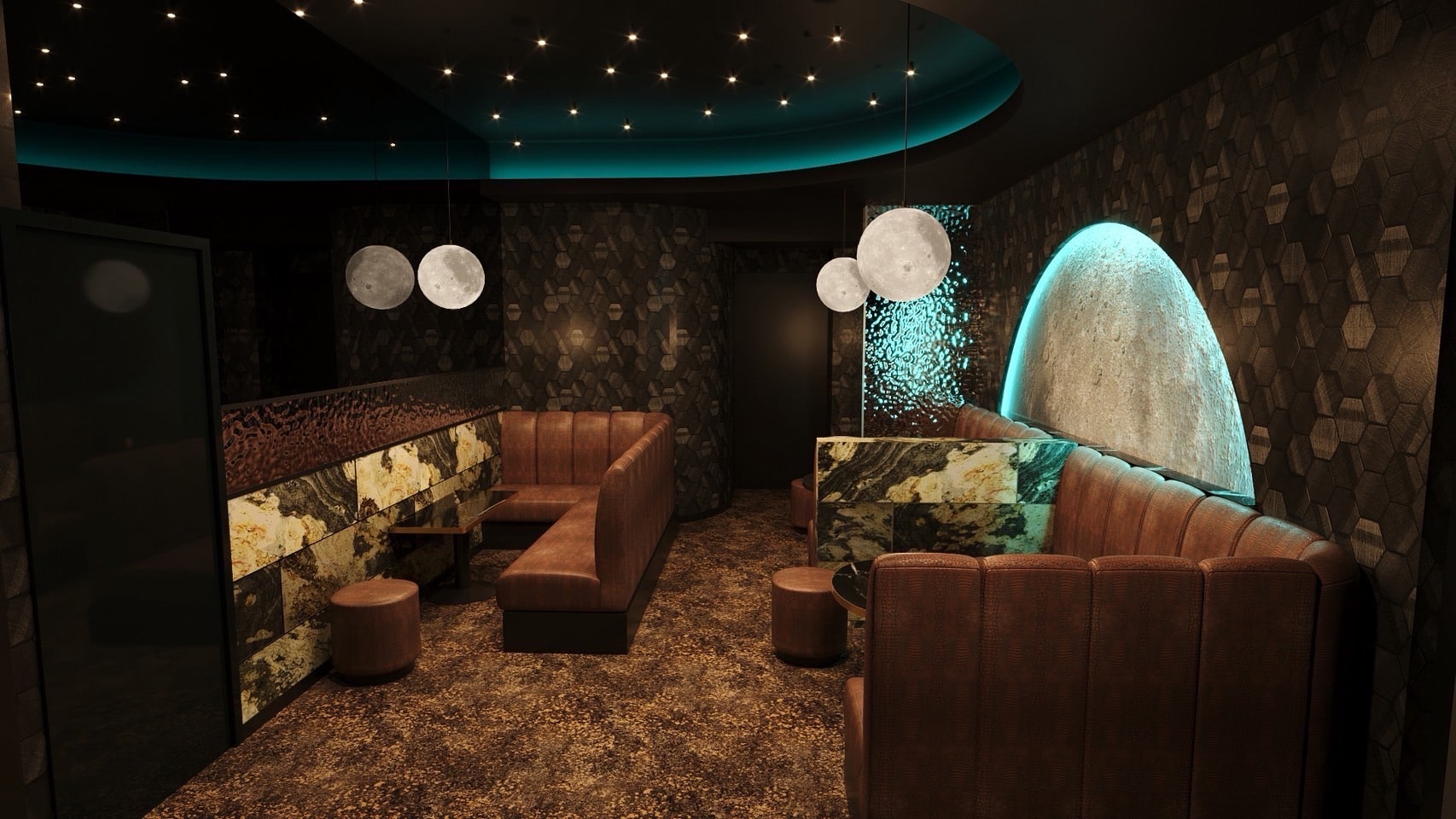 Lounge area with starlit ceiling, moon pendant lights, marble accent wall