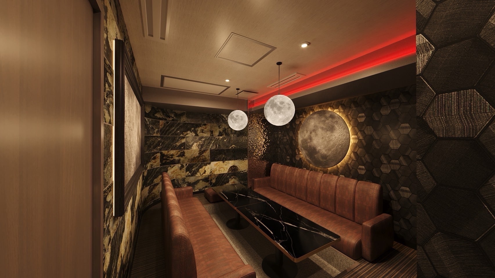 LUNE Moon Suite — illuminated moon, hexagonal walls, caramel velvet booths